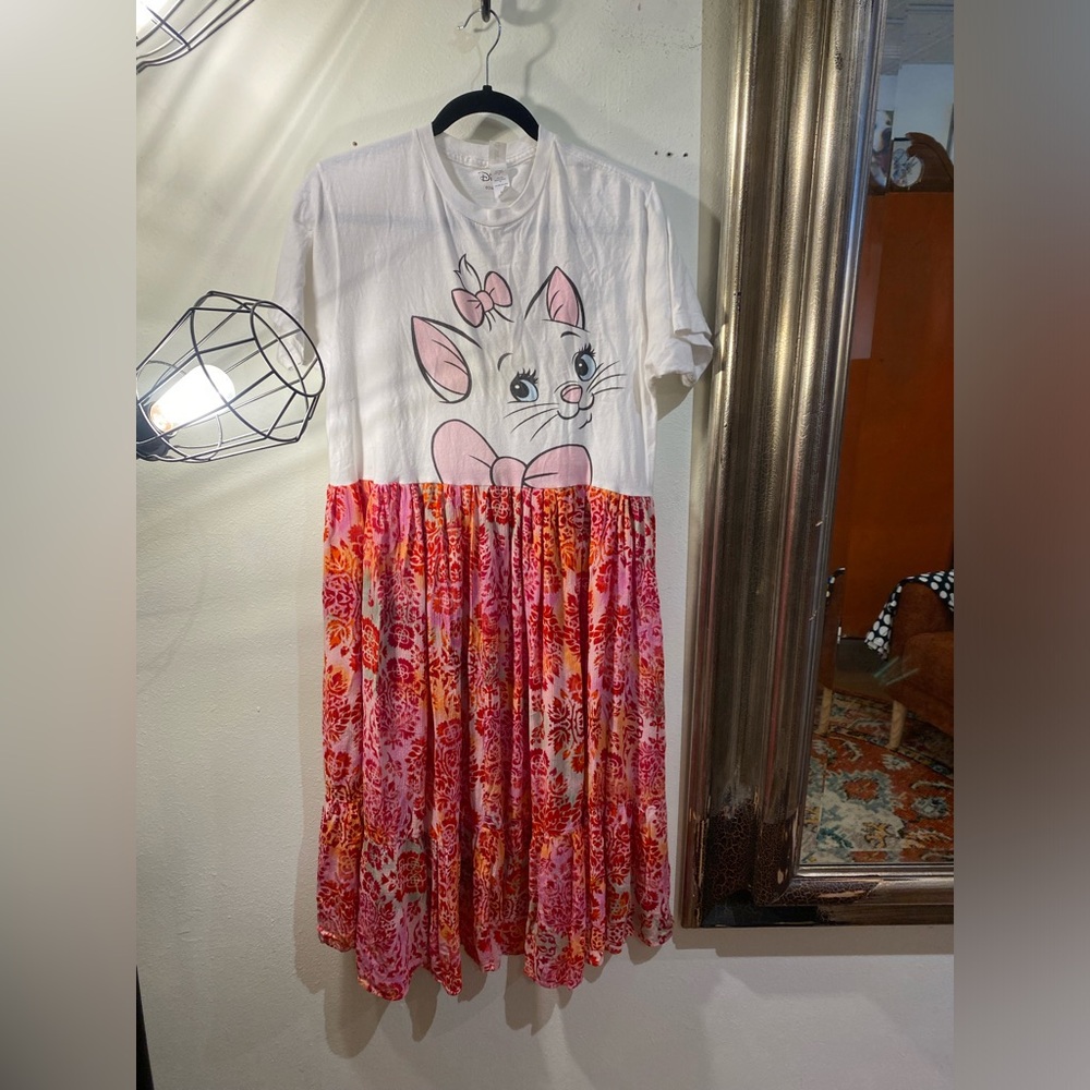 SOLD OOAK Upcycled Adorable Pink and White Cat Print Dress